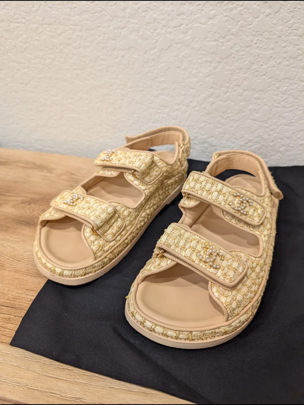CHANEL Cream Tweed Pearl-Embellished Espadrille Sandals